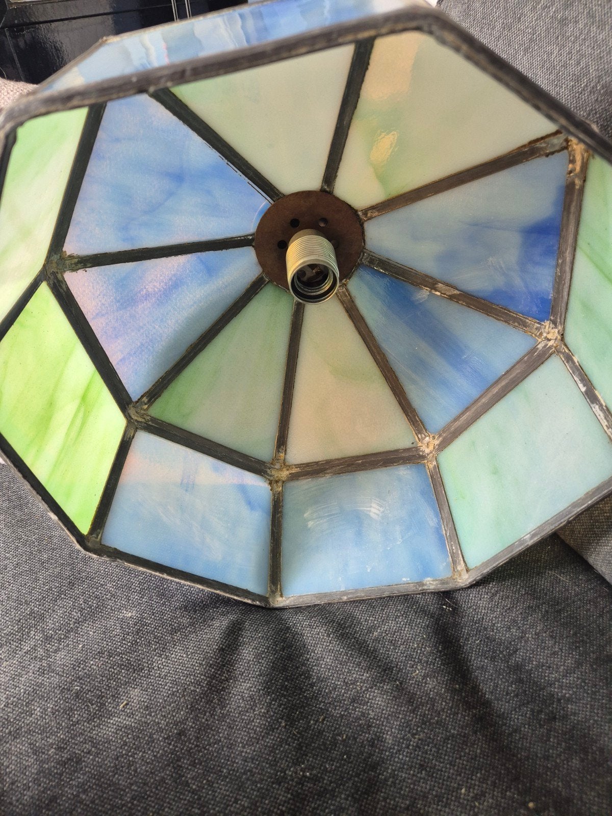 Vintage Tiffany-stijl hanglamp, blauw/groen glas, Antiek en Kunst, Ophalen