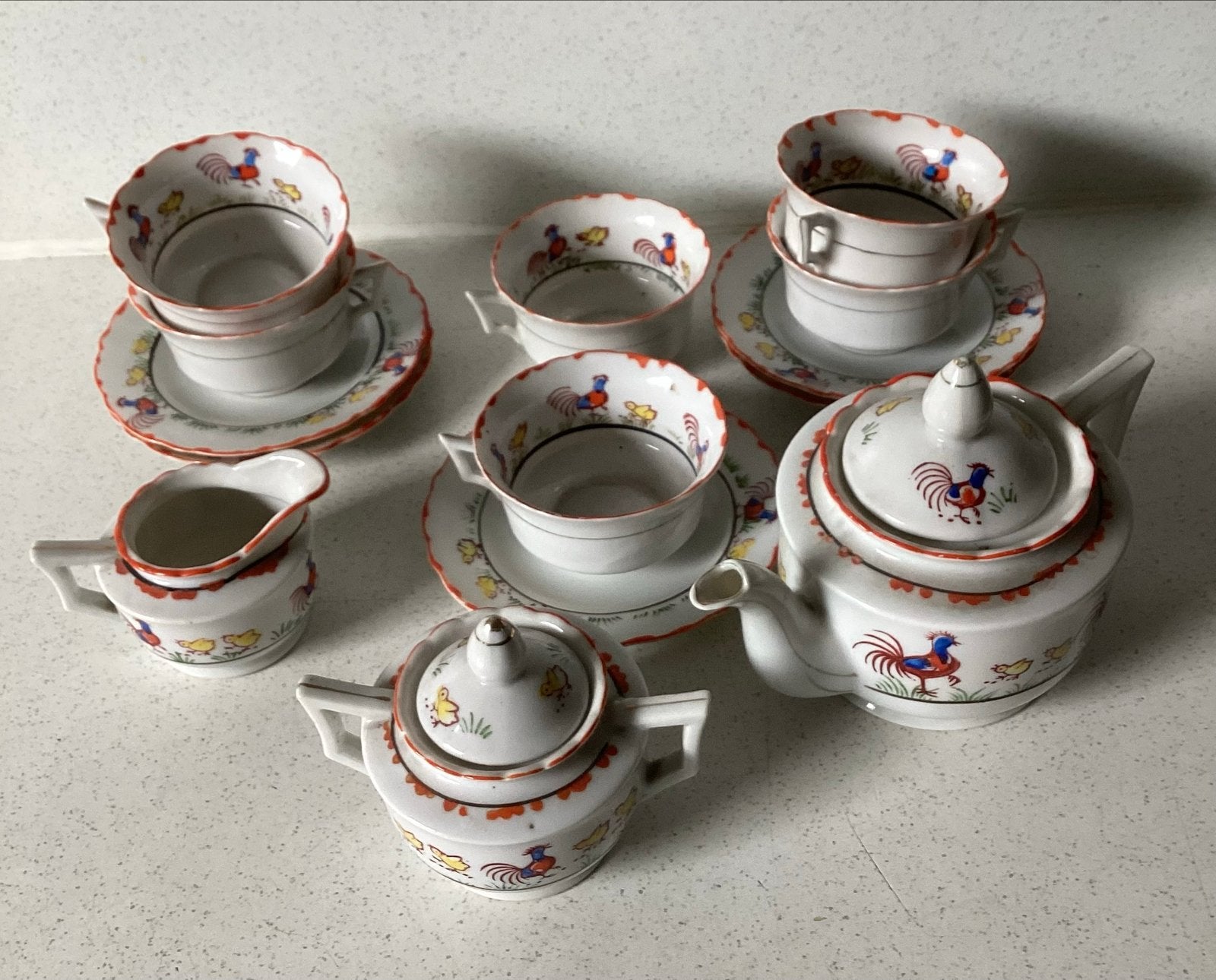 Antiek kinderservies met haan en kuikens decor, Ophalen of Verzenden