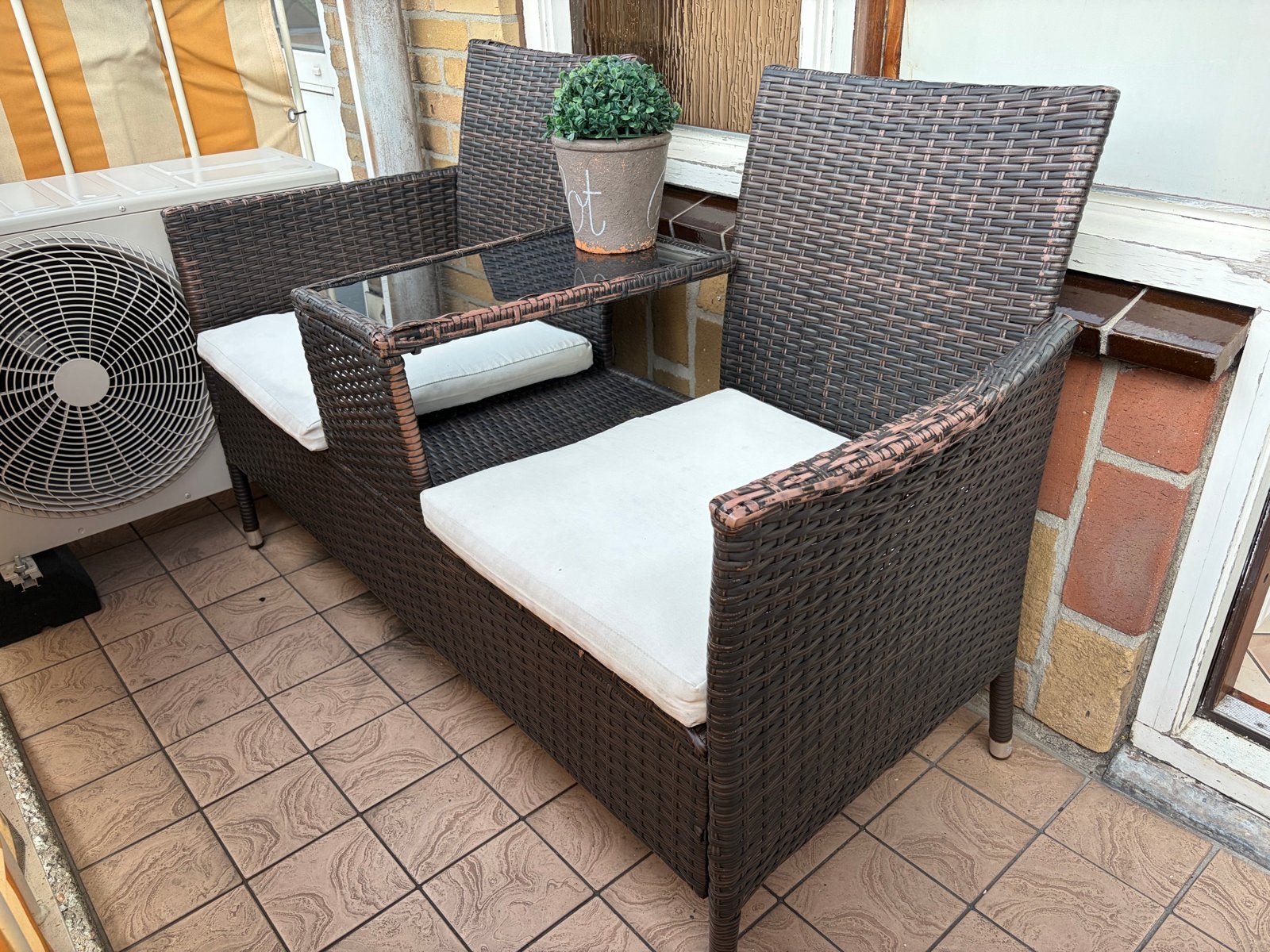 Compacte 130x60 cm Balkonset - Wicker met Glazen Tafel, Tuin en Terras, Gebruikt, Wicker, Stoel, Tuinset