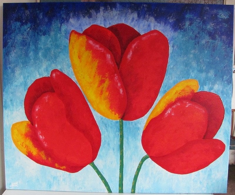 Groot modern schilderij met tulpen bloemen. Holland, Ophalen, Gesigneerd, Acrylverf, Bloemen