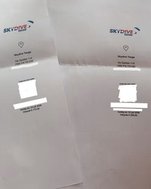 2x Cadeaubon Skydive Teuge - Geldig t/m juli 2027, Twee personen