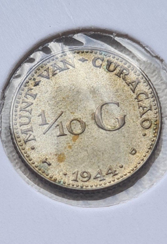 1/10 gulden 1944 D Curaçao UNC/FDC patina, Postzegels en Munten, Ophalen of Verzenden, Koningin Wilhelmina, 10 cent, Zilver
