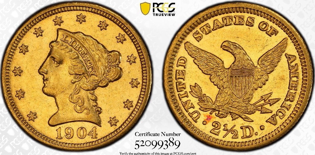 Gouden 2,5 Dollar 1904 USA PCGS AU58 Quarter Eagle, Ophalen, Noord-Amerika, Losse munt, Goud
