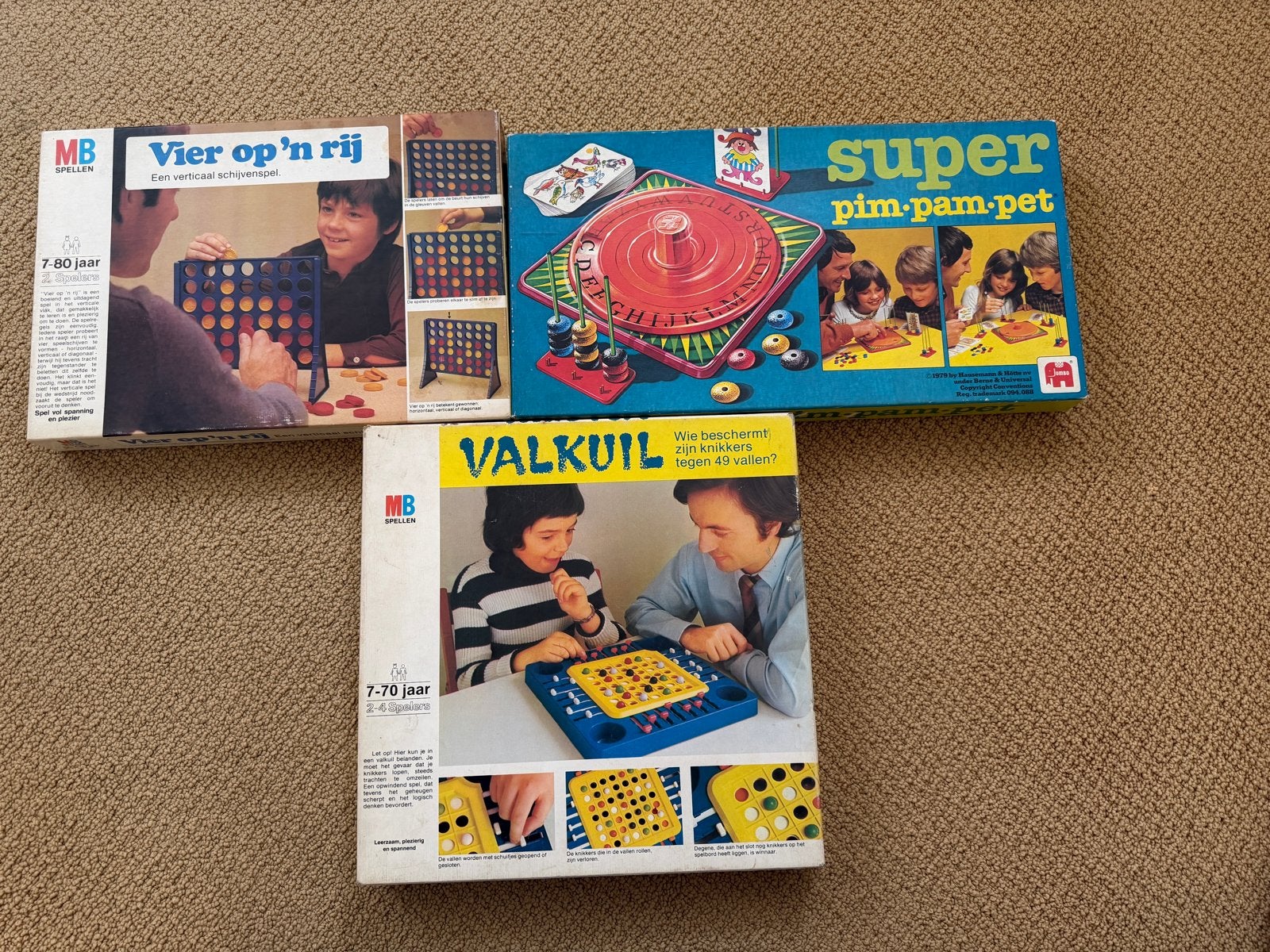 3 vintage spellen: Vier op een rij, Pim Pam Pet, Valkuil, Hobby en Vrije tijd, Gezelschapsspellen | Bordspellen, Een of twee spelers