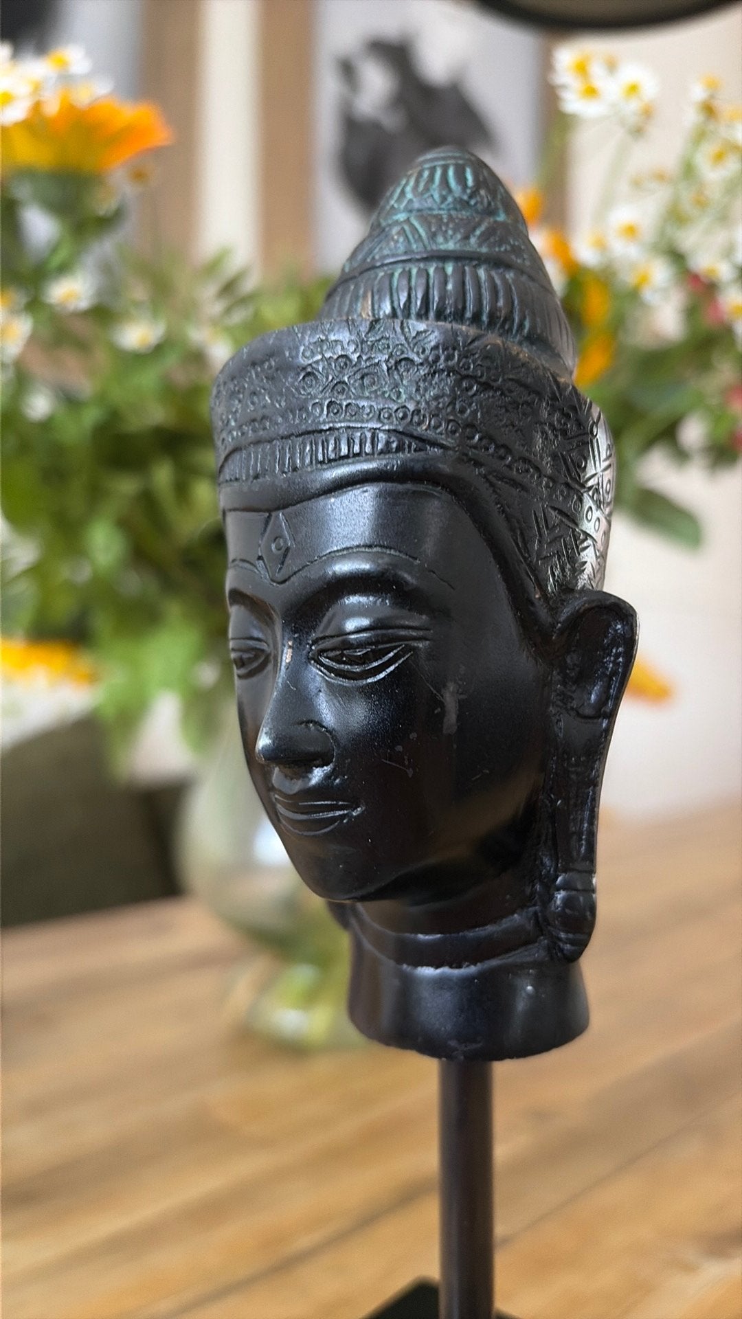 Bronzen Boeddha Hoofd op Sokkel, Ophalen of Verzenden, Zo goed als nieuw