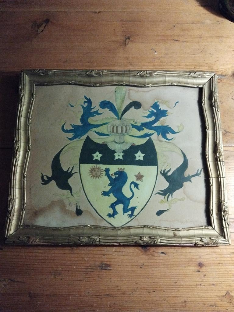Aquarel v familiewapen, ingelijst achter glas, Ophalen of Verzenden