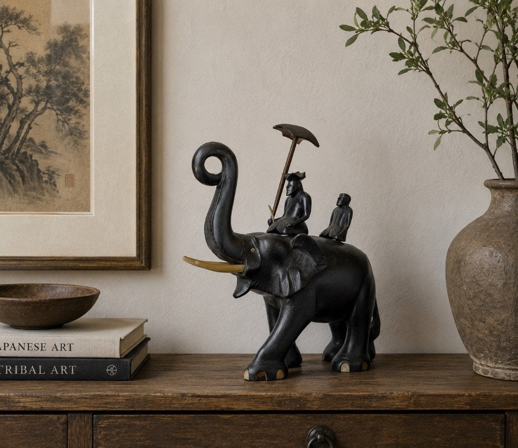 Olifantenbeeld – ebbenhout – met mahout – 32 cm, Antiek en Kunst, India, Ophalen of Verzenden, Houtsnijwerk, Hout