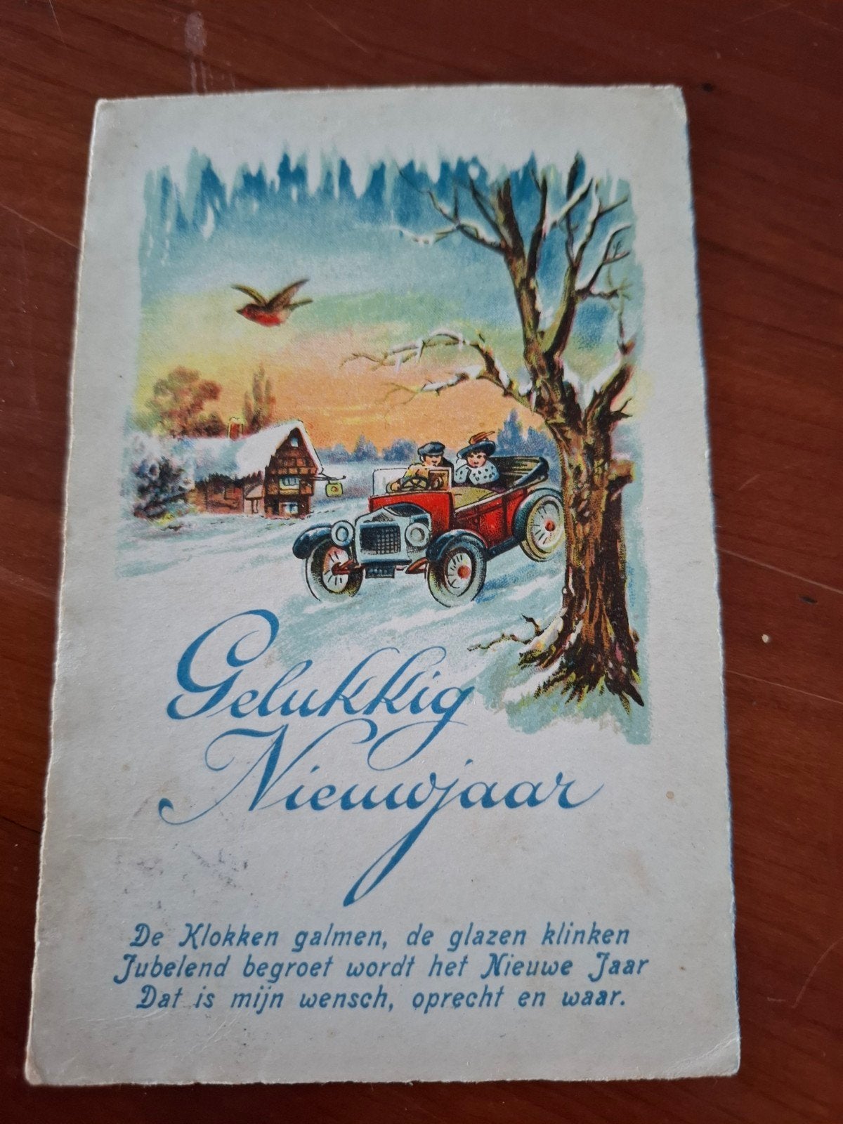 Oudejaarskaart 1928 - Gelukkig Nieuwjaar met auto en sneeuw, Ophalen of Verzenden, 1920 tot 1940, Gelopen, Feest(dag)