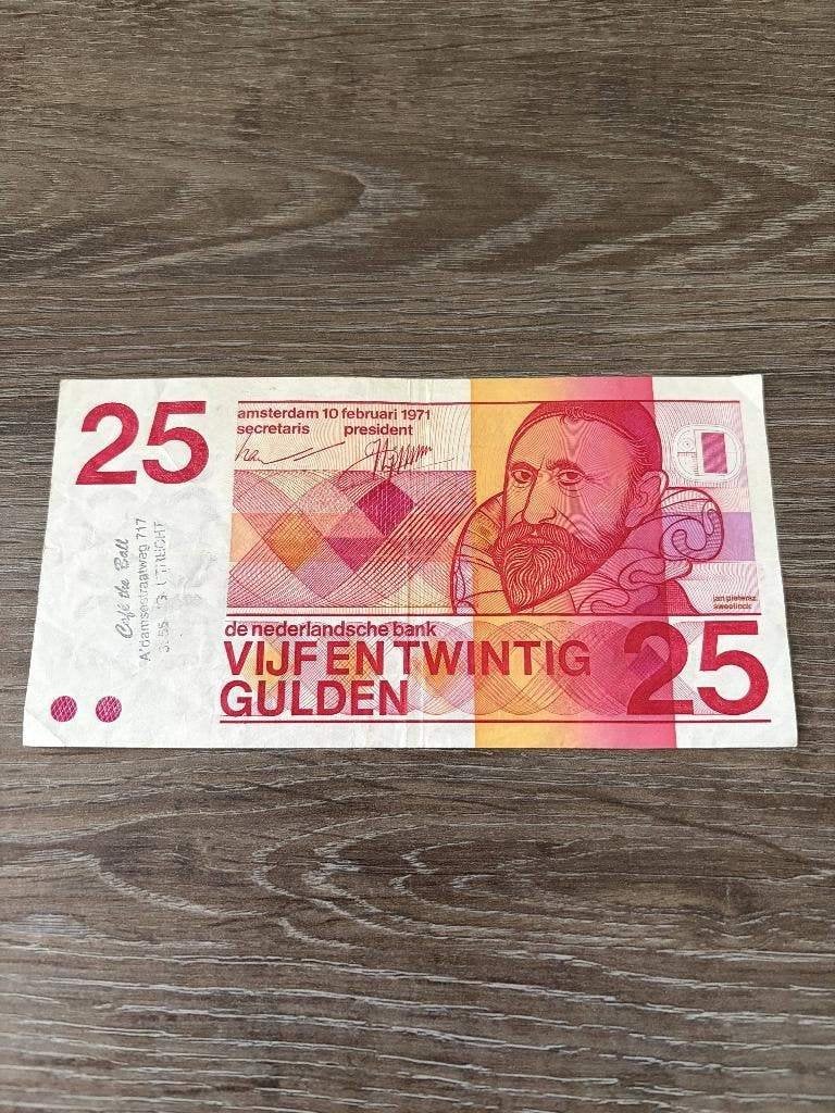 Biljet 25 gulden Sweelinck, stempel Café The Ball Utrecht, Postzegels en Munten, Bankbiljetten | Nederland, Ophalen of Verzenden