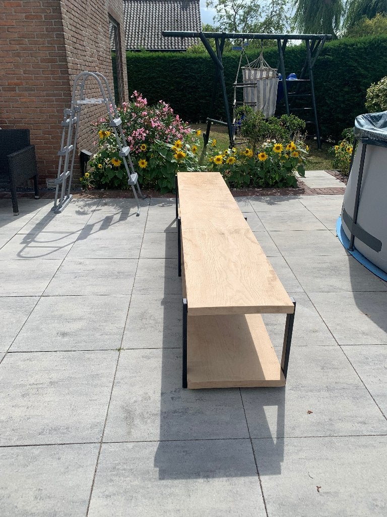 TV meubel industriële look - massief hout & stalen frame., Ophalen, Zo goed als nieuw, 200 cm of meer, Minder dan 100 cm