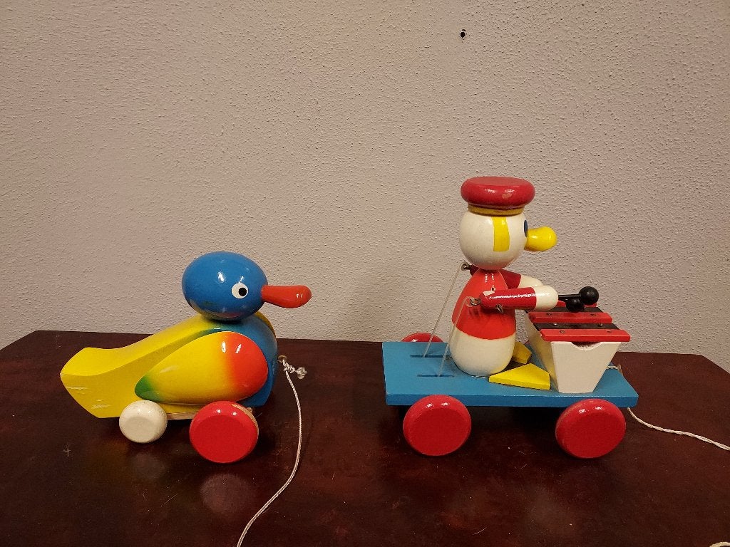 2x Houten kinderspeelgoed, bewegende eenden., Antiek en Kunst, Verzenden