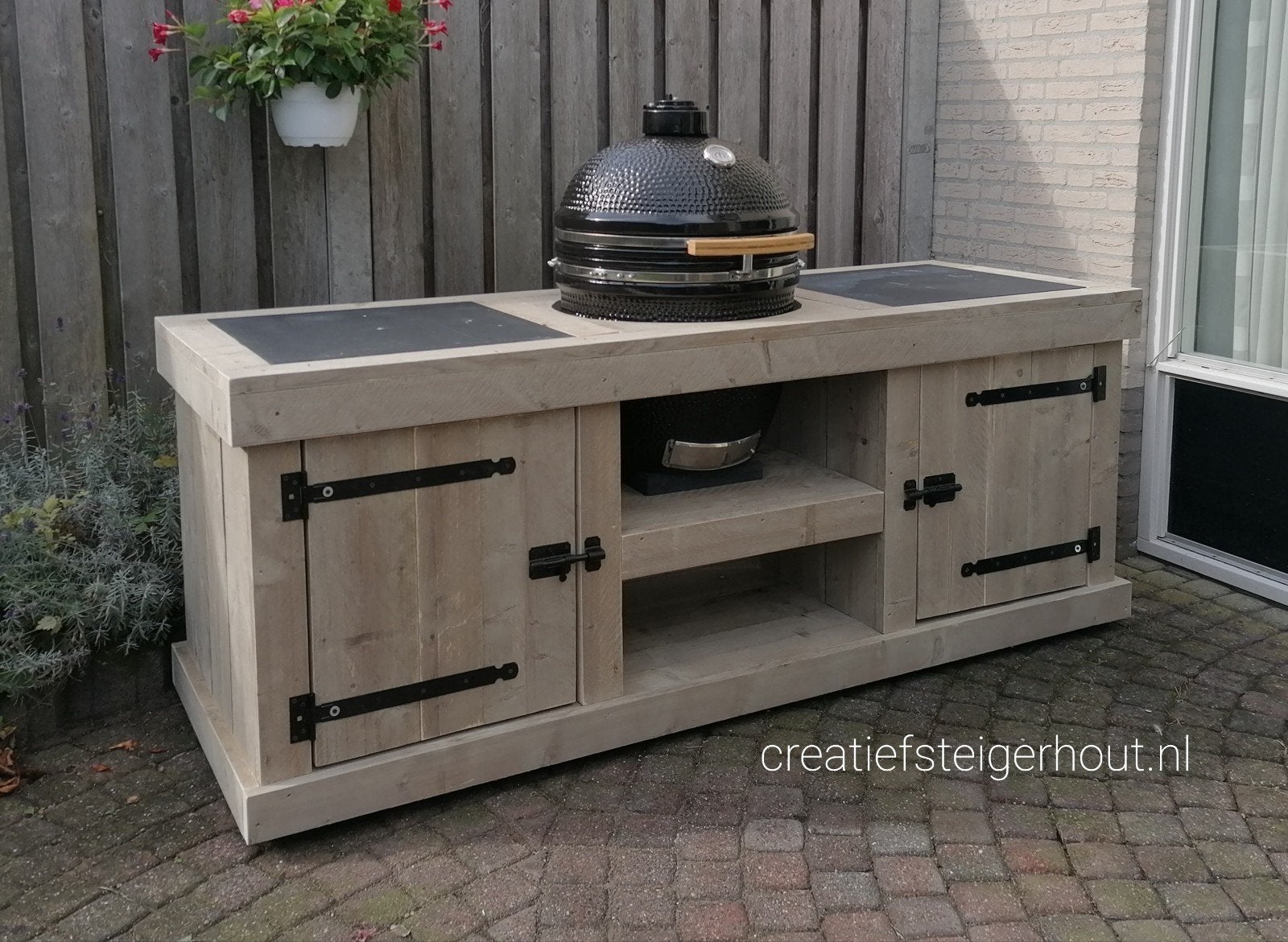 Verrijdbare buitenkeuken bbq kamado egg mancave steigerhout, Tuin en Terras, Buitenkeukens, Nieuw, Houtskool, Inbouw, Vrijstaand