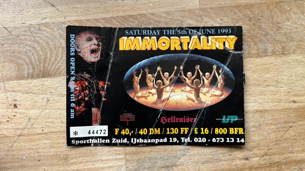1993 Ticket Immortality SHZ gabber Thunderdome hardcore id&t, Verzamelen, Overige Verzamelen, Ophalen of Verzenden, Gebruikt