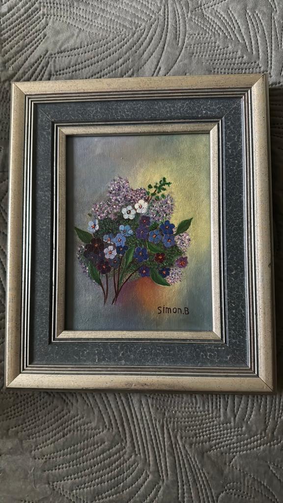 Schilderij met bloemenboeket, gesigneerd Simon B., Ophalen of Verzenden