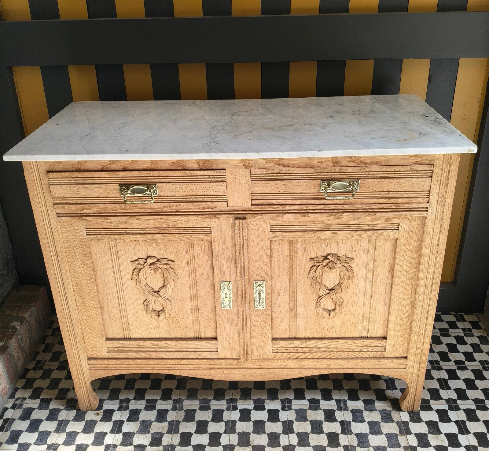 Antieke blank eiken commode met marmeren blad, Ophalen, 50 tot 70 cm, 90 tot 105 cm, 100 cm of meer