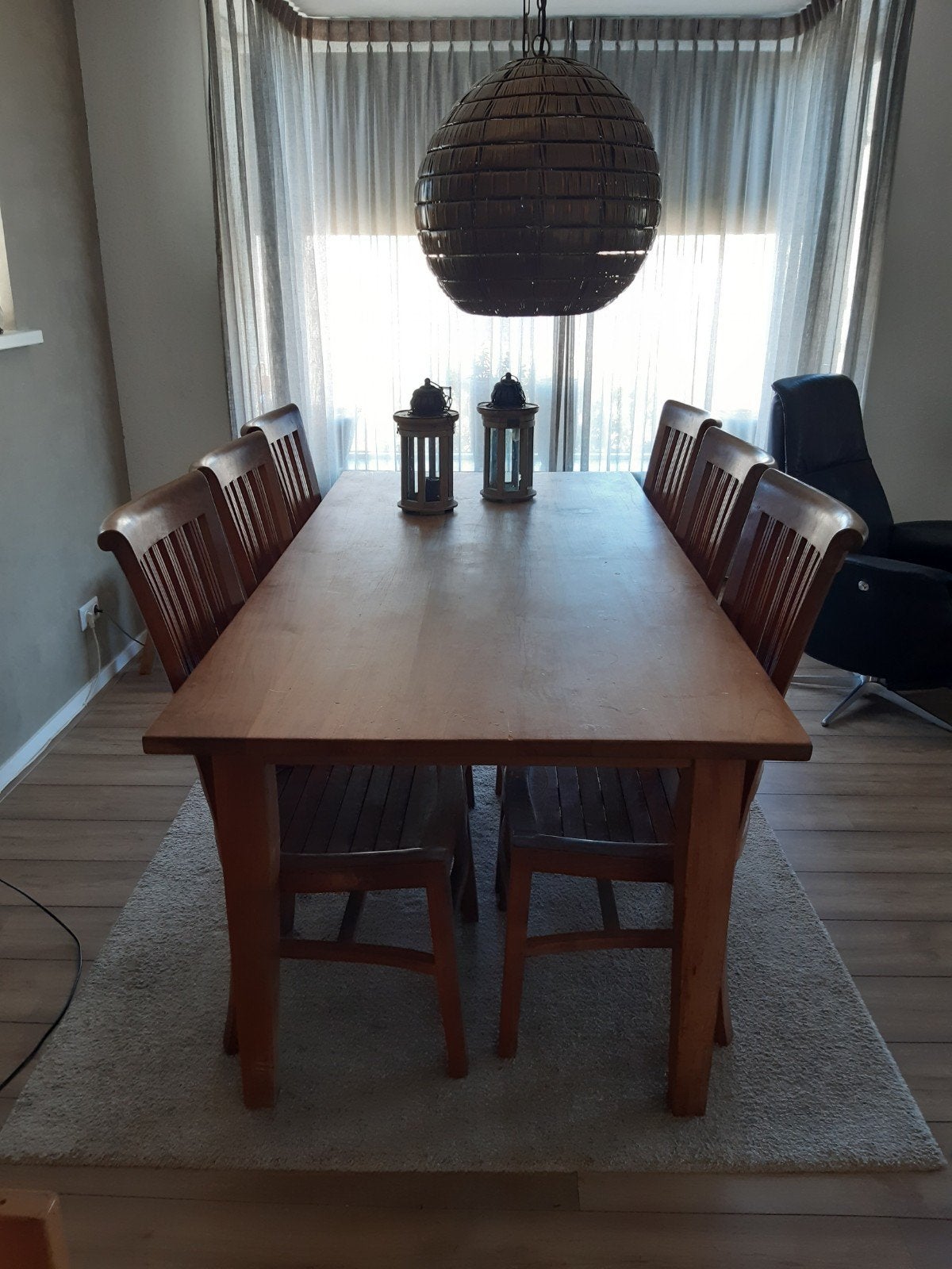 Massief houten eettafel met 6 stoelen, Ophalen, Gebruikt, 50 tot 100 cm, Landelijk