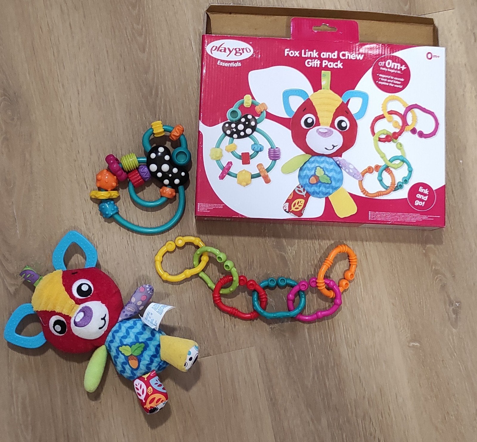 Playgro Speelgoed Set voor Baby - Vos Rammelaar & Bijtringen, Ophalen of Verzenden, Zo goed als nieuw, Rammelaar