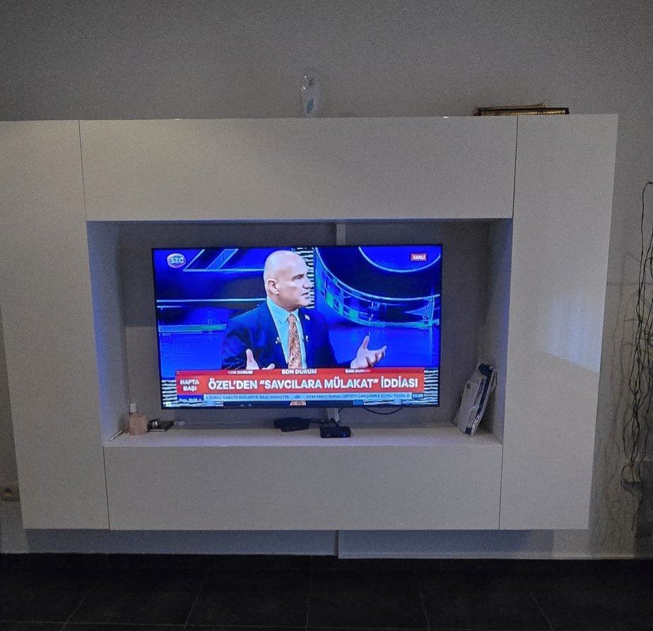 Moderne TV-wand / TV-meubel hoogglans wit –, Ophalen of Verzenden, Zo goed als nieuw, Vrijstaande haard, Elektrische haard