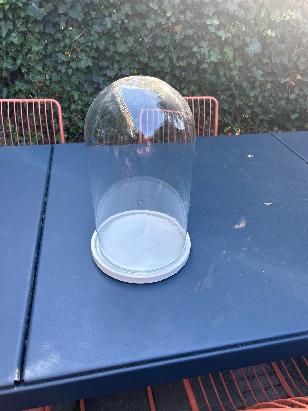 Glazen stolp met witte houten onderkant, Glas, Ophalen of Verzenden, Gebruikt, Met plateau