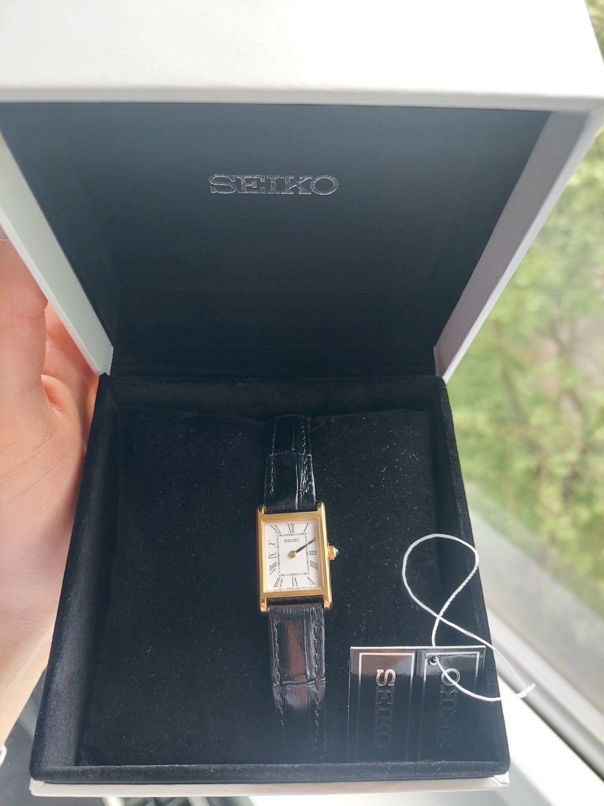 Seiko tank small goud met leren bandje SWR054P1, Leer, Polshorloge, Nieuw, Ophalen of Verzenden