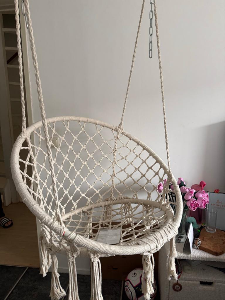 Comfortabele Macramé Hangstoel - Crème Wit, Huis en Inrichting, Stoelen, Zo goed als nieuw, Eén, Stof, Overige kleuren, Ophalen