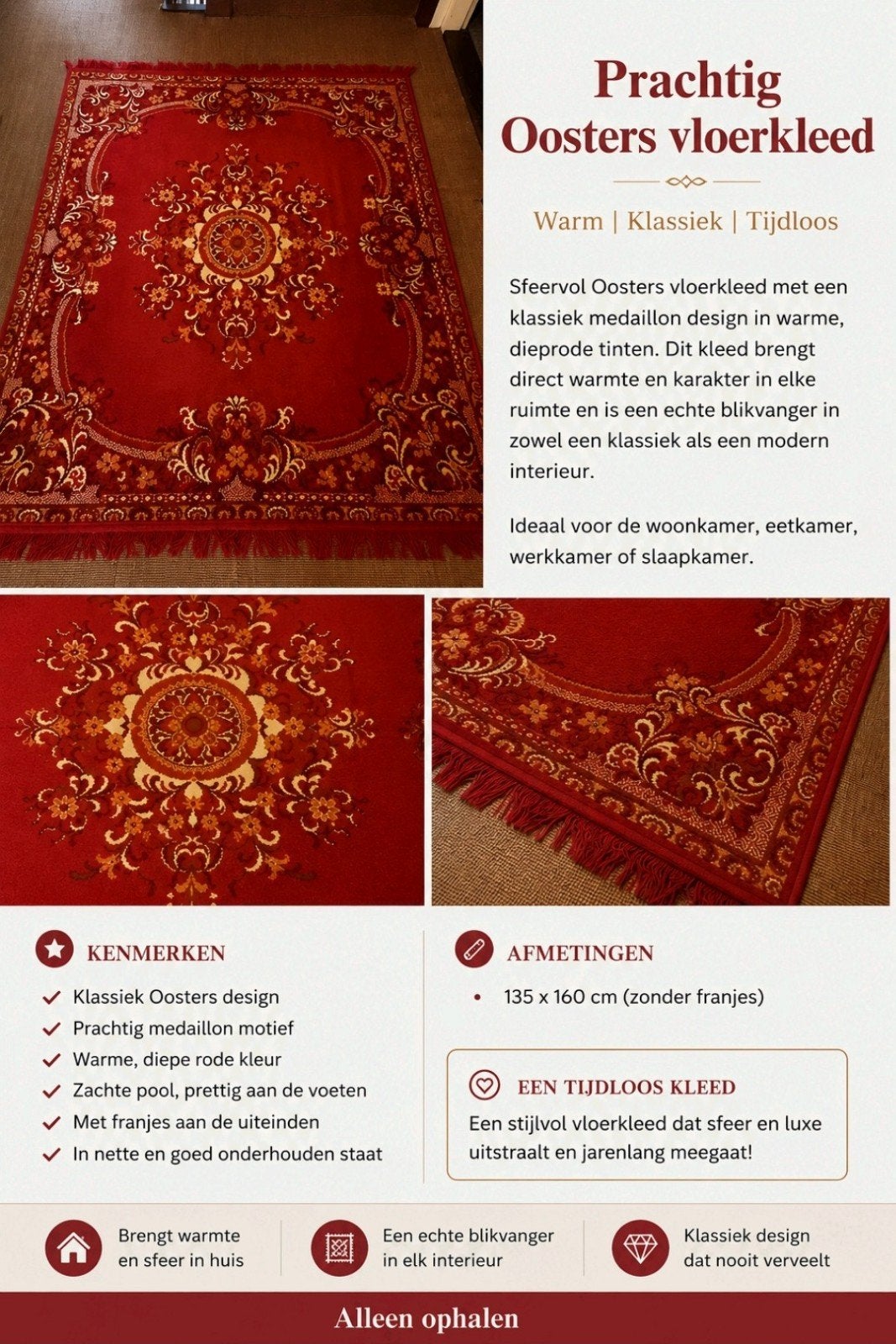 Klassiek rood Oosters vloerkleed 135 x 160 cm - Tapijt, Ophalen, 100 tot 150 cm, 150 tot 200 cm, Rechthoekig