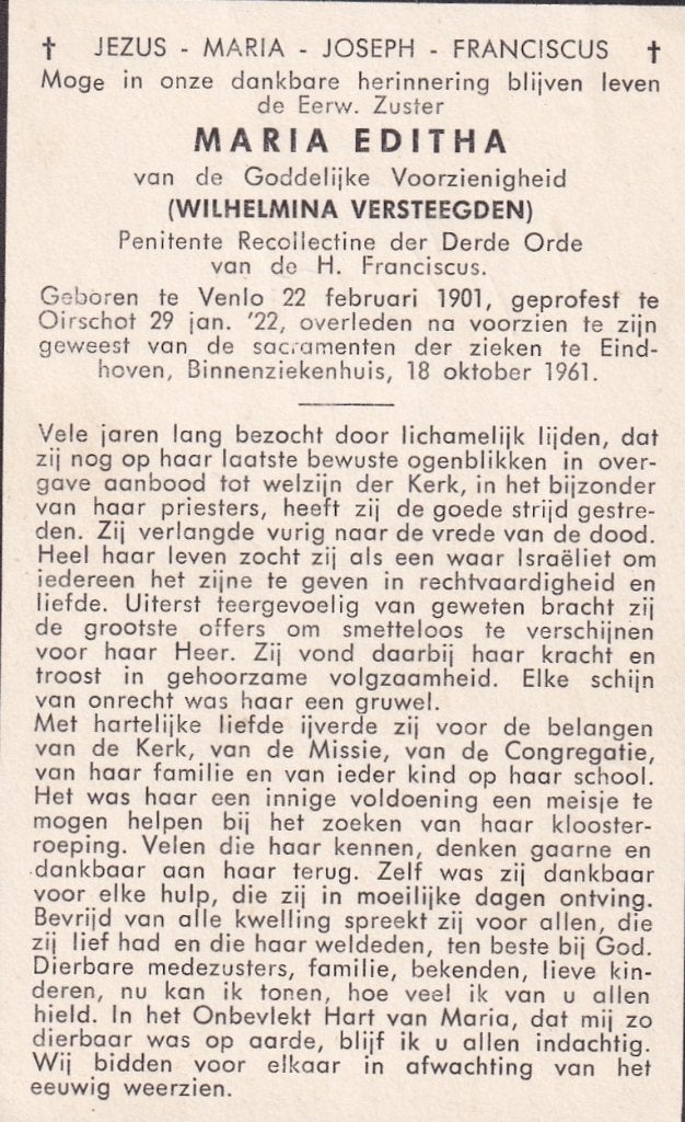 Versteegden Wilhelmina 1901 Venlo 1961 Eindhoven  zuster, Verzamelen, Bidprentjes en Rouwkaarten, Ophalen of Verzenden, Bidprentje