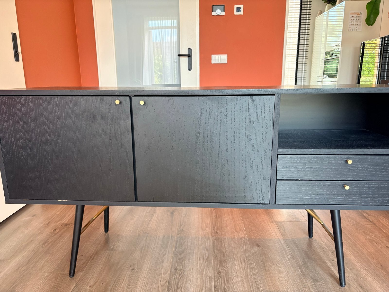 Zwart dressoir met lades en deuren, Huis en Inrichting, Kasten | Dressoirs, Ophalen, Gebruikt, 150 tot 200 cm, Met lade(s)