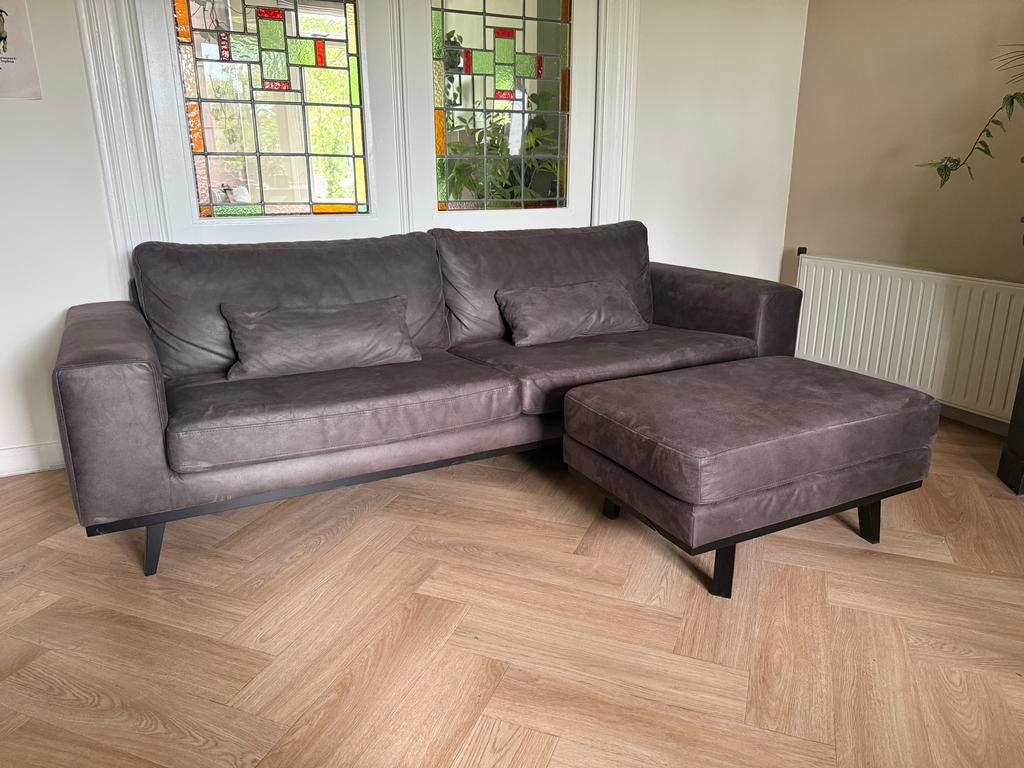 Wehkamp eco-leren 3-zitsbank Torino Antraciet + hocker, Ophalen, Driepersoons, 75 tot 100 cm, Zo goed als nieuw