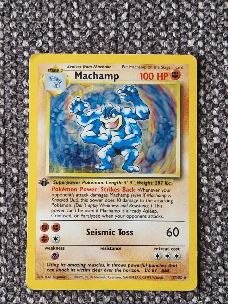 Pokémon Machamp 8/102 – 1st Edition Base Set – Vintage Holo, Hobby en Vrije tijd, Ophalen of Verzenden, Gebruikt, Losse kaart