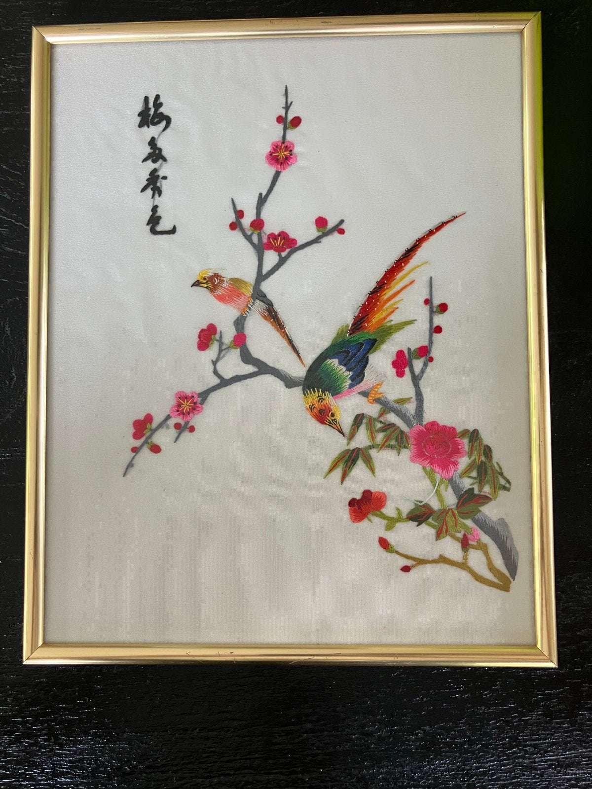 Vintage Chinees Zijden Borduurwerk: Vogels op Bloesemtak, Ophalen of Verzenden