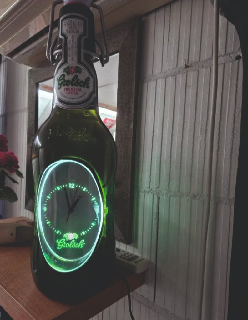 Grolsch bierfles met klok en verlichting., Verzamelen, Ophalen of Verzenden, Gebruikt, Lichtbak of (neon) lamp