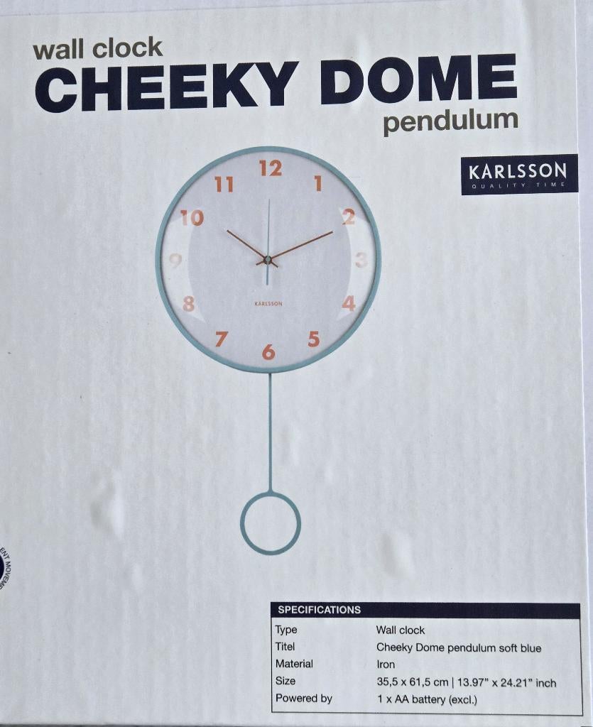 Karlsson Wandklok Cheeky Dome - Zachtblauw - 7.1x35.5x61.5cm, Ophalen, Nieuw, Analoog, Wandklok