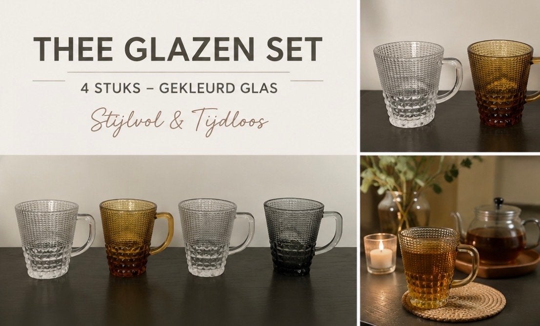 Stijlvolle theeglazen set - 4 stuks gekleurd glas, Huis en Inrichting, Keuken | Servies, Ophalen, Glas of Glazen, Overige merken