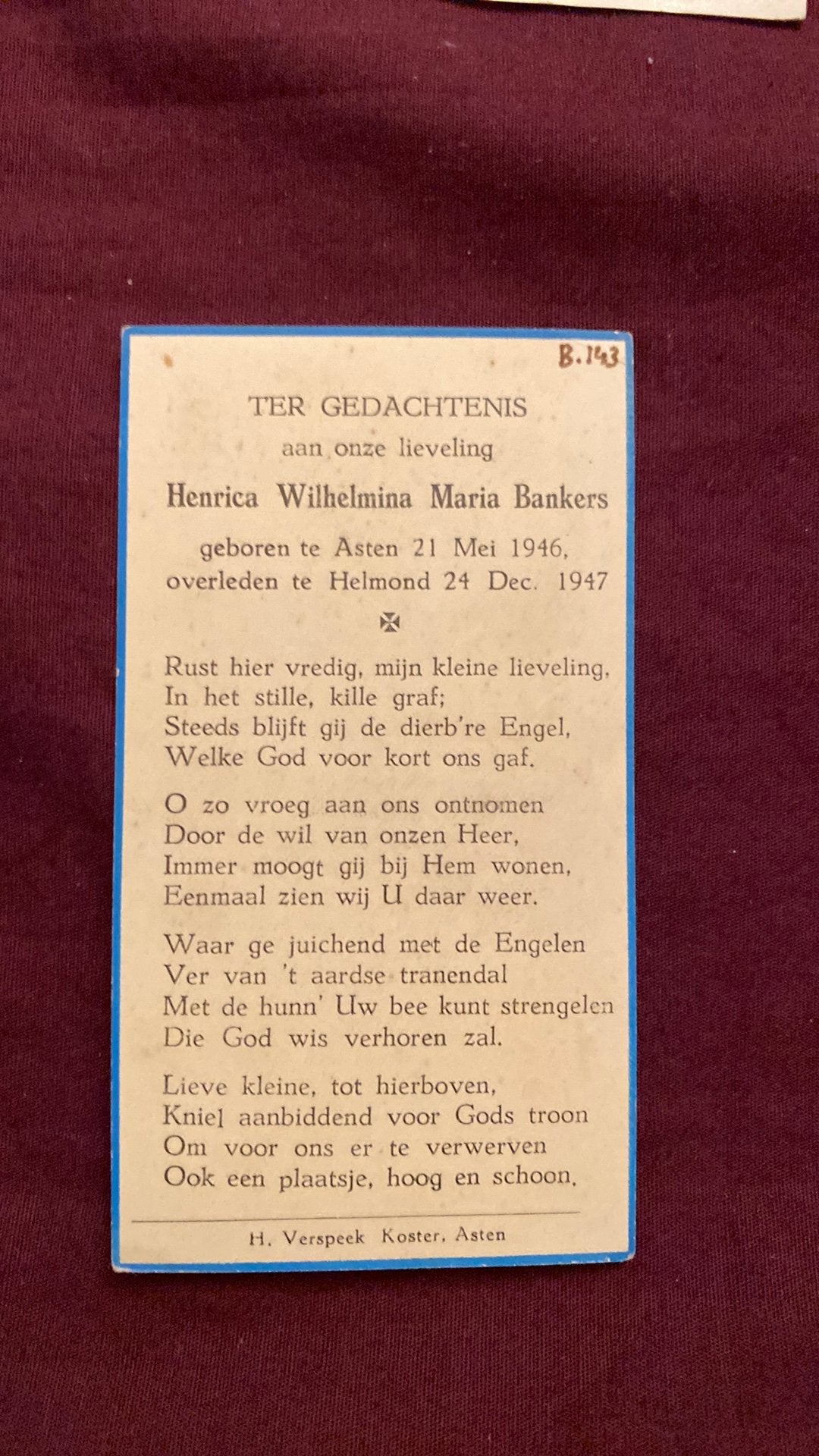 1-jarige Henrica WM Bankers 1946 Asten 1947 Helmond, Ophalen of Verzenden