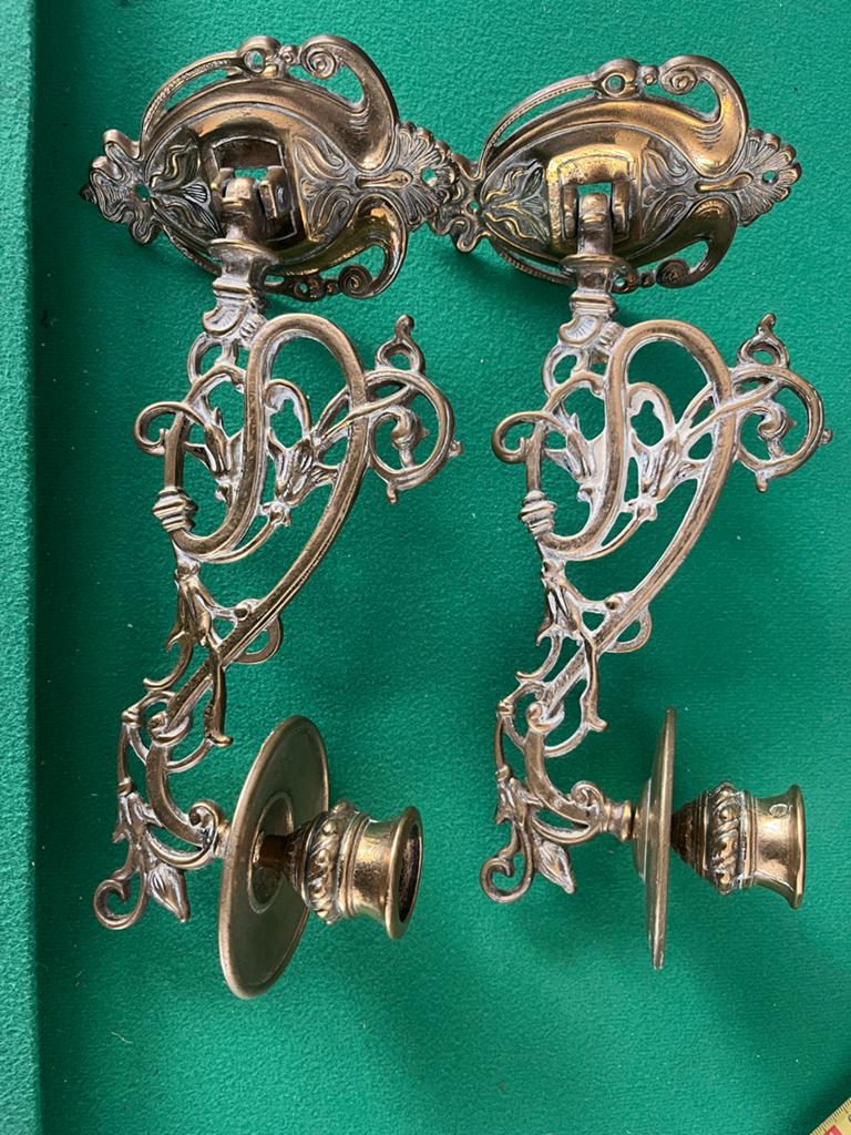 Antieke koperen wandkandelaars, set van 2/piano kandelaars, Antiek en Kunst, Antiek | Kandelaars, Ophalen of Verzenden, Koper of Brons