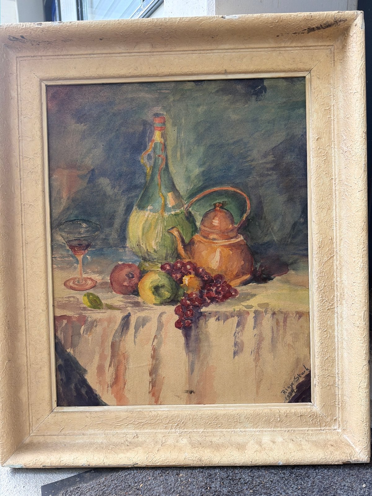 Stilleven met fruit, fles en theepot, gesigneerd, Ophalen, Realistisch, Stilleven, Gesigneerd