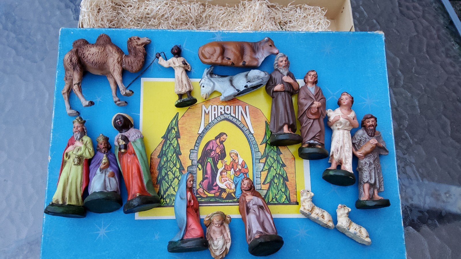 Antiek Marolin Papier Mache kerstgroep originele verpakking., Ophalen of Verzenden