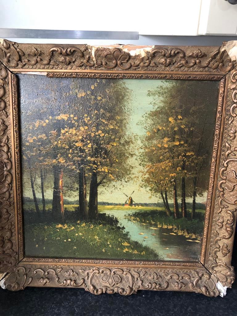 Oud schilderij op hout: Molen aan de waterkant, Ophalen of Verzenden