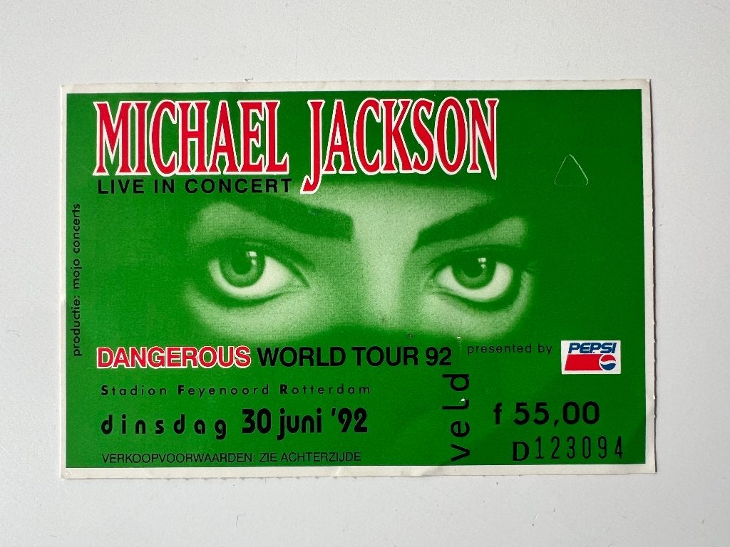 Michael Jackson ticket Dangerous tour 1992 Rotterdam De Kuip, Verzenden, Zo goed als nieuw, Poster, Artwork of Schilderij