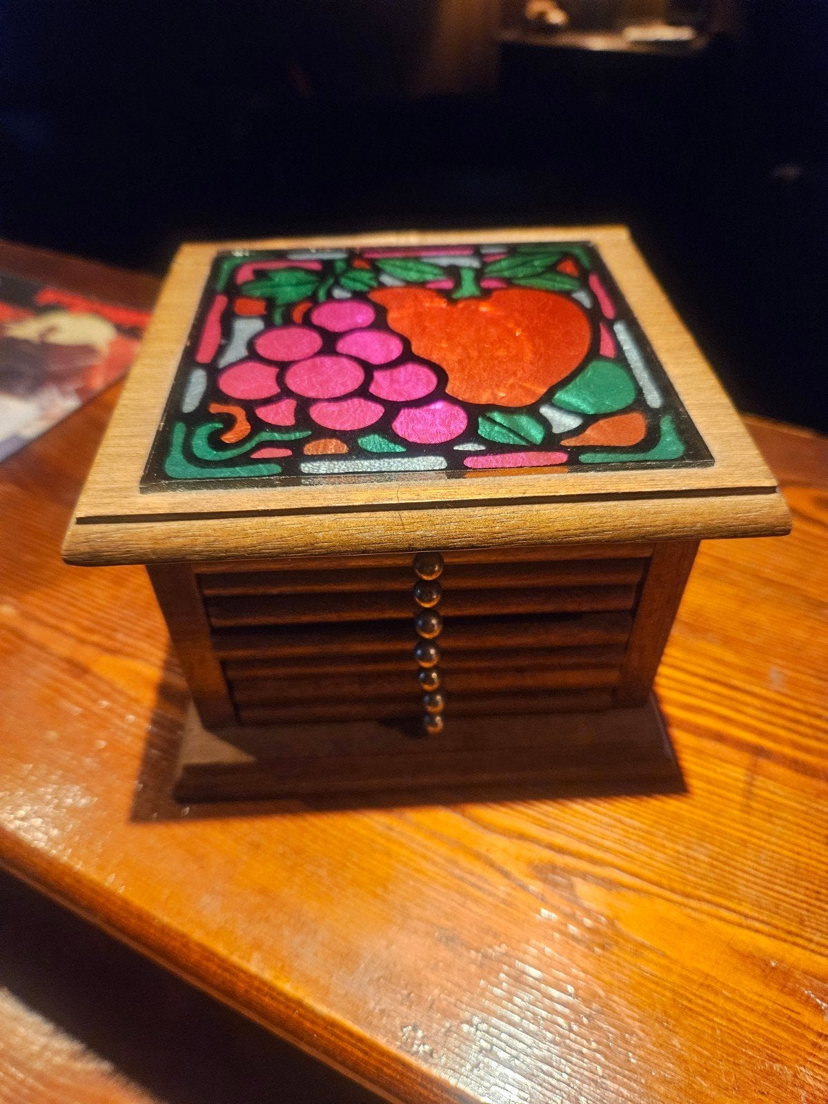 Set van 6 houten onderzetters met houder, Hout, Gebruikt, Glasonderzetter, Met houder