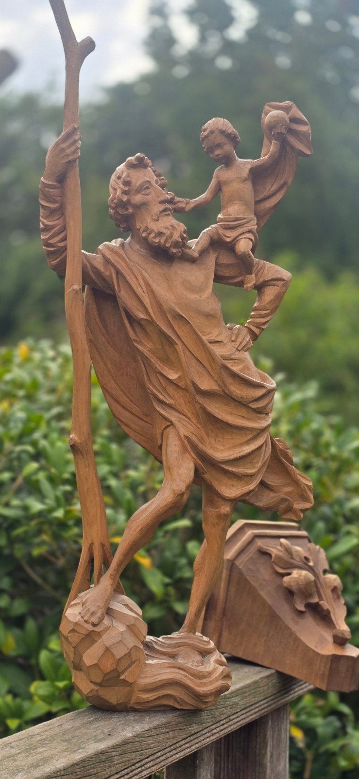 Houten beeld: Sint Christoffel met Kind, 68 cm, Handgemaakt, Beeld, Hout, Religie