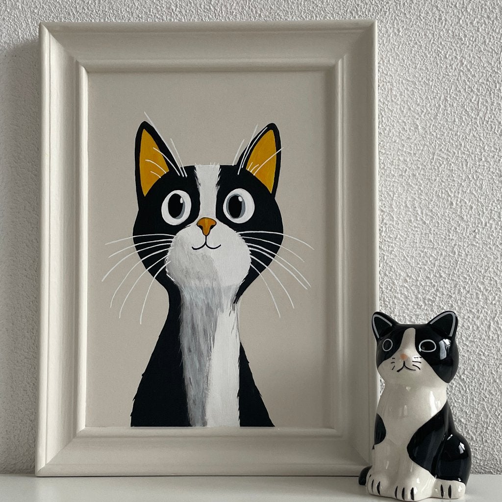 Schilderij "Vrolijke kat" maat: 36 X 27 cm.  handbeschilderd, Minder dan 50 cm, Oorspronkelijke maker, Nieuw, Ophalen of Verzenden