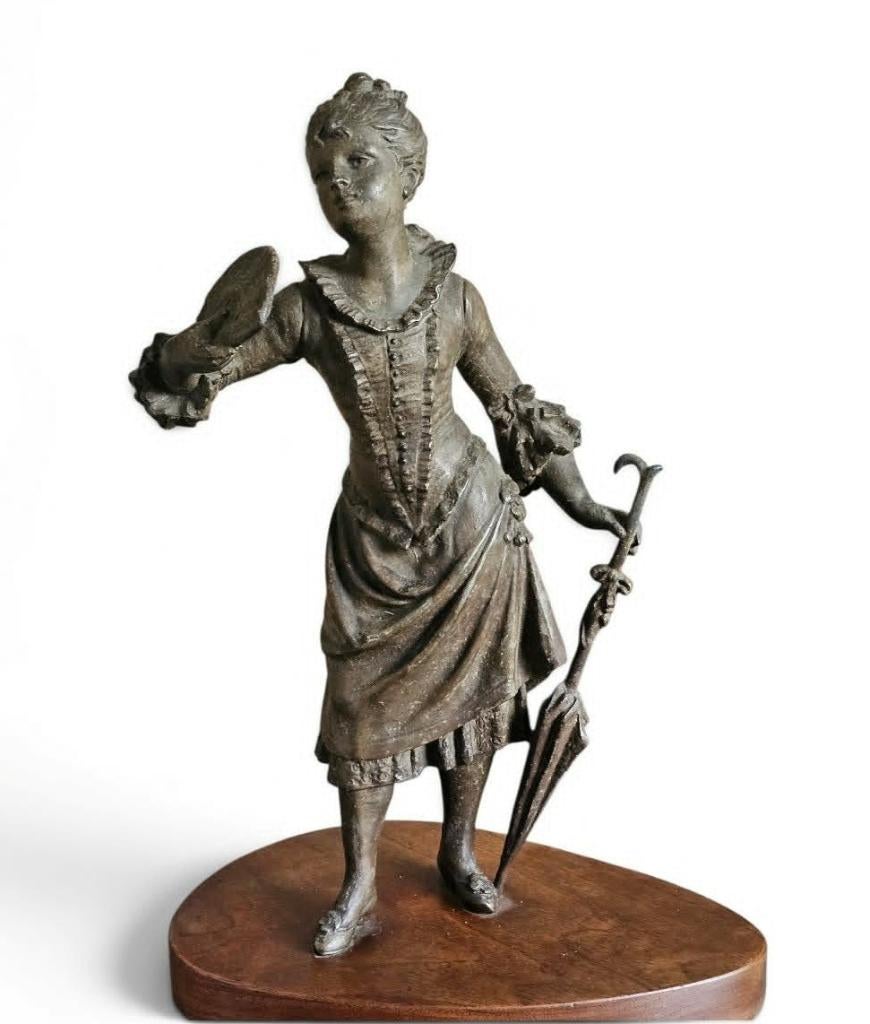 Antiek Frans beeldje van vrouw met waaier / Emile Bruchon, Antiek en Kunst, Ophalen of Verzenden