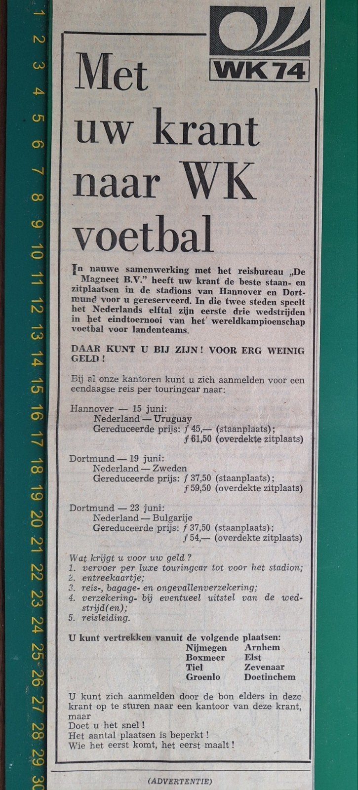 Reclame reizen naar het W.K. 74 Duitsland, Verzamelen, Verzenden, Gebruikt, Poster, Plaatje of Sticker
