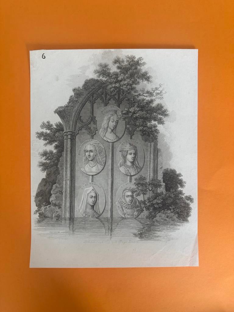 18e-eeuwse gravure Tudor koninginnen medaillons
