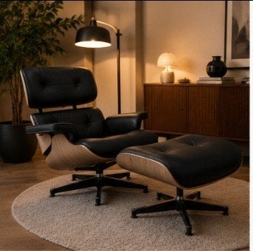 Lounge Chair met Ottoman | Walnoot & Echt Leer | Nieuw, Huis en Inrichting, Stoelen, Zwart, Nieuw, Ophalen of Verzenden, Modern, Lounge, Design