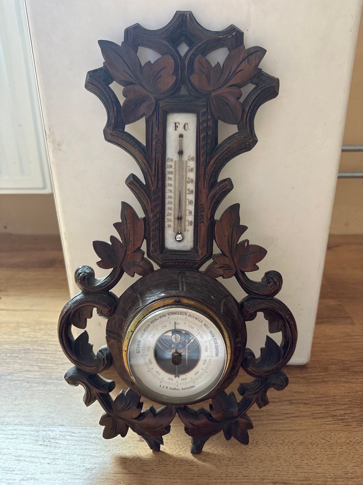 Antieke Barometer/Thermometer - Houtsnijwerk - Werkend, Ophalen of Verzenden, Gebruikt, Barometer