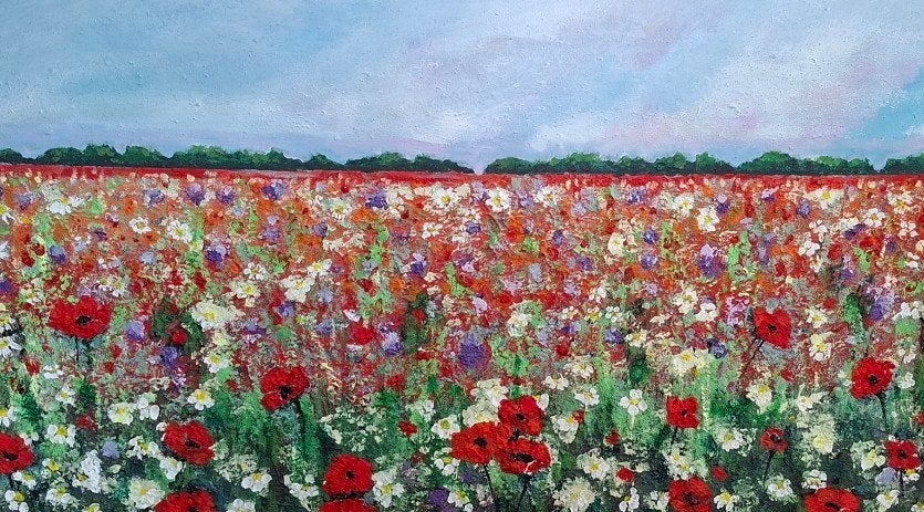 Bloemrijk landschap schilderij met klaprozen, Antiek en Kunst, Kunst | Schilderijen | Modern, Ophalen of Verzenden