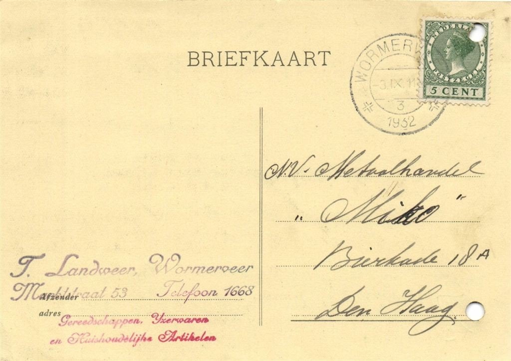 T. Landweer, Wormerveer - 09.1932 - briefkaart, Ophalen of Verzenden, Briefkaart